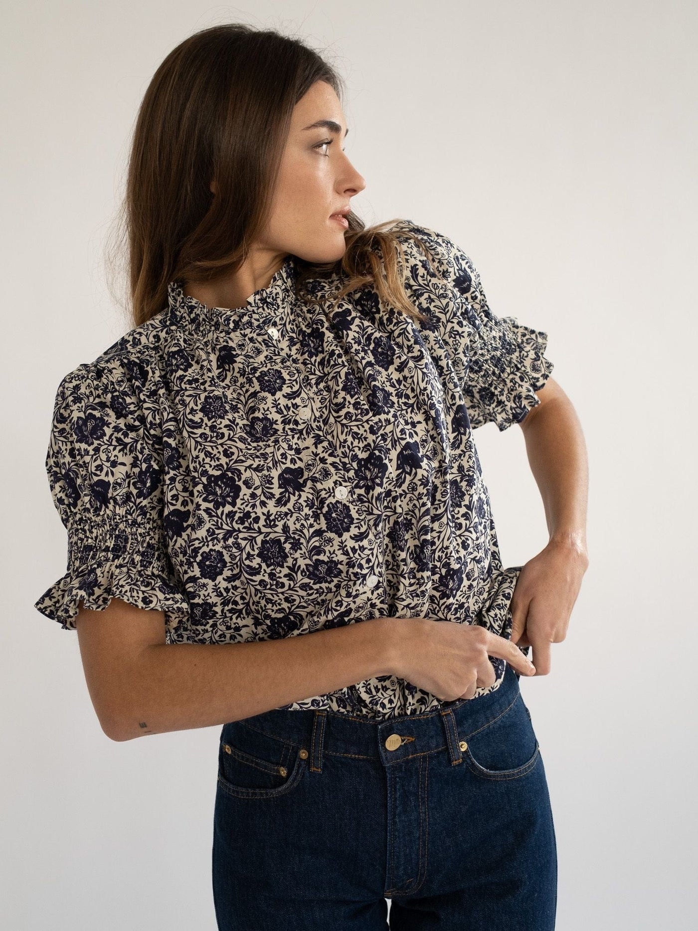 Marnie Top in Indigo Floral — hand-printed cotton top from MILLE