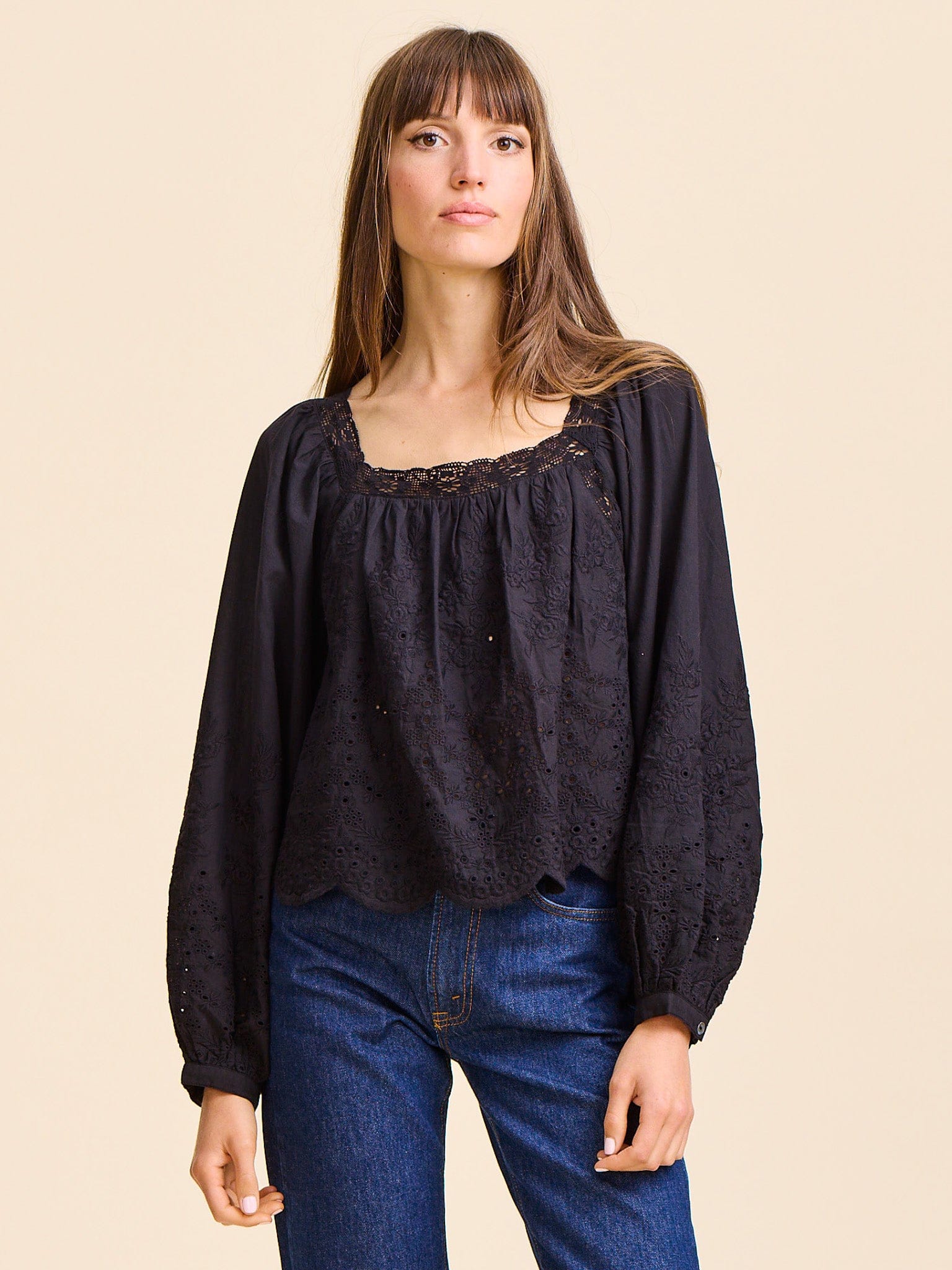 Maureen Top in Black Eyelet | MILLE – Billowy Sleeve Square Neck