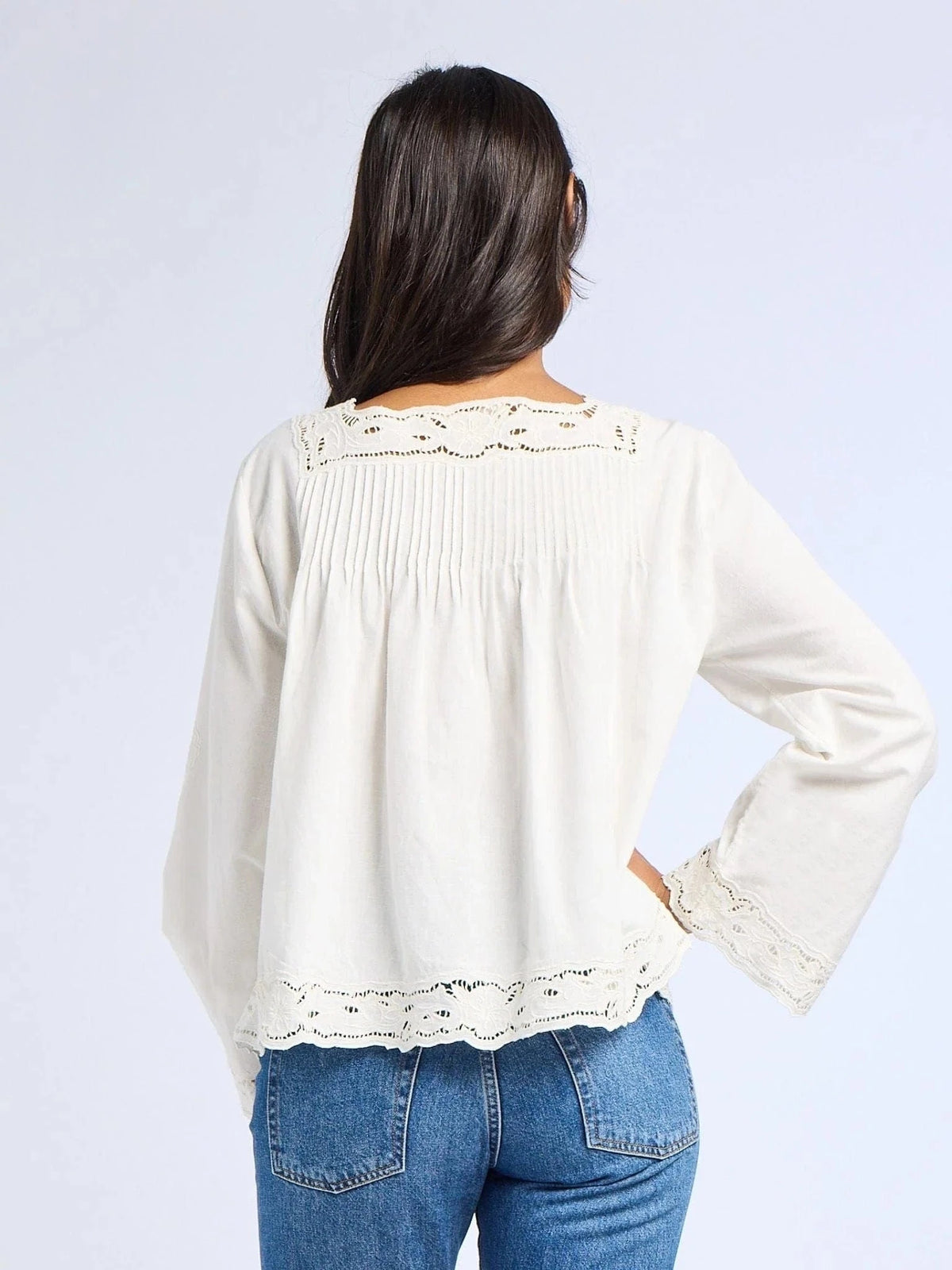 Melba Top in White Embroidered Linen — The cut