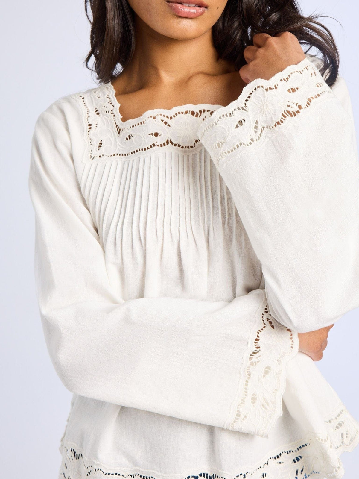 Melba Top in White Embroidered Linen — The embroidery
