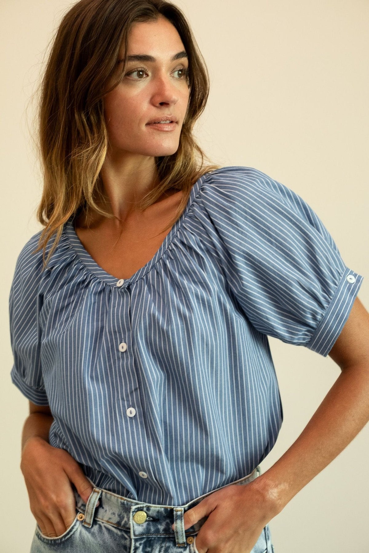 Naomi Top in Harbor Stripe — The cut