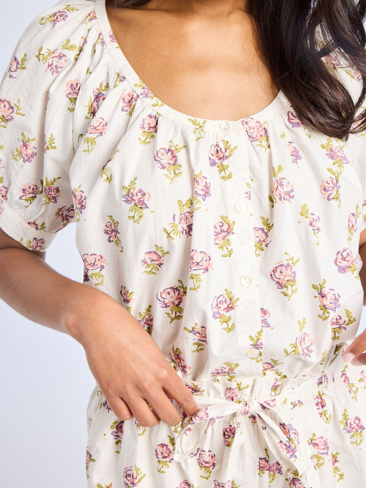 Naomi Top in Rose Block Print — The cut