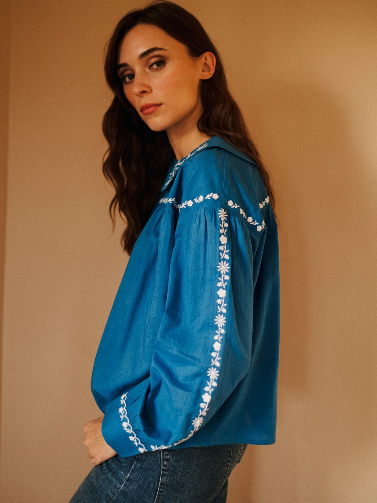 Naya Top in Cerulean Embroidery — The cloth