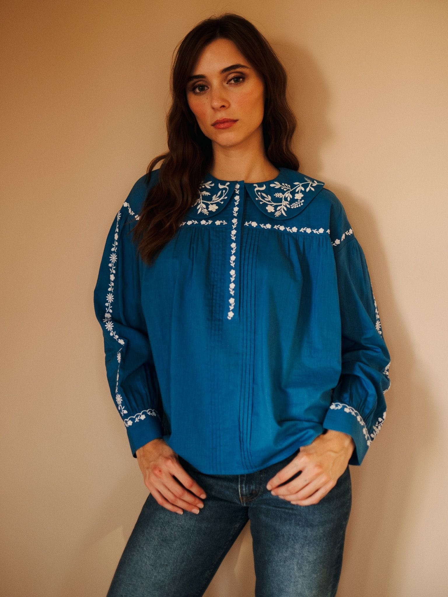 MILLE Clothing Naya Top in Cerulean Embroidery