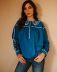 MILLE Clothing Naya Top in Cerulean Embroidery