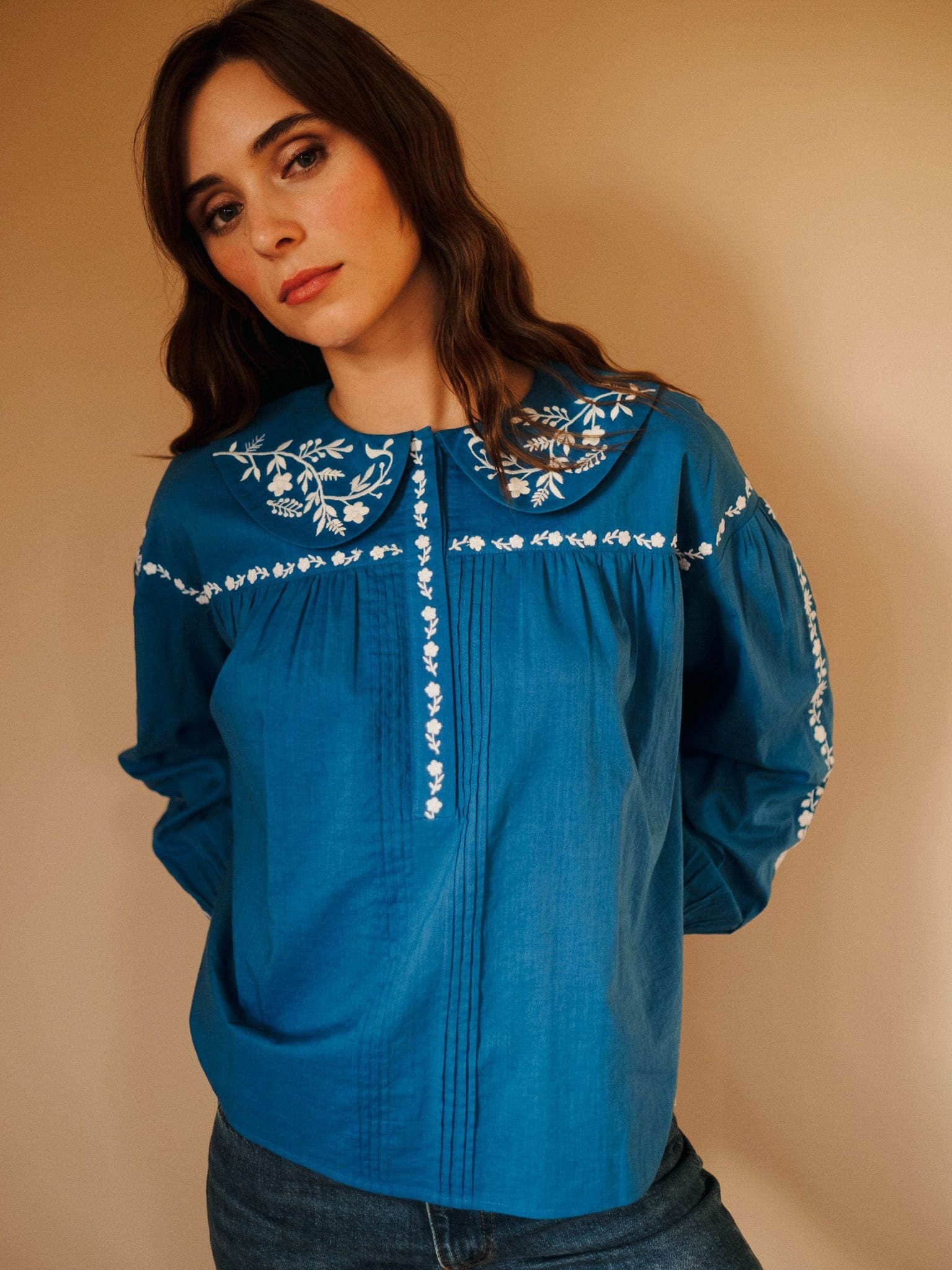 MILLE Clothing Naya Top in Cerulean Embroidery