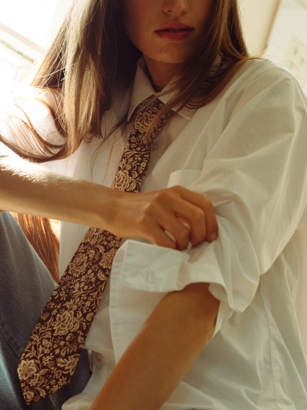 Zoe Necktie in Cocoa Floral — The cut