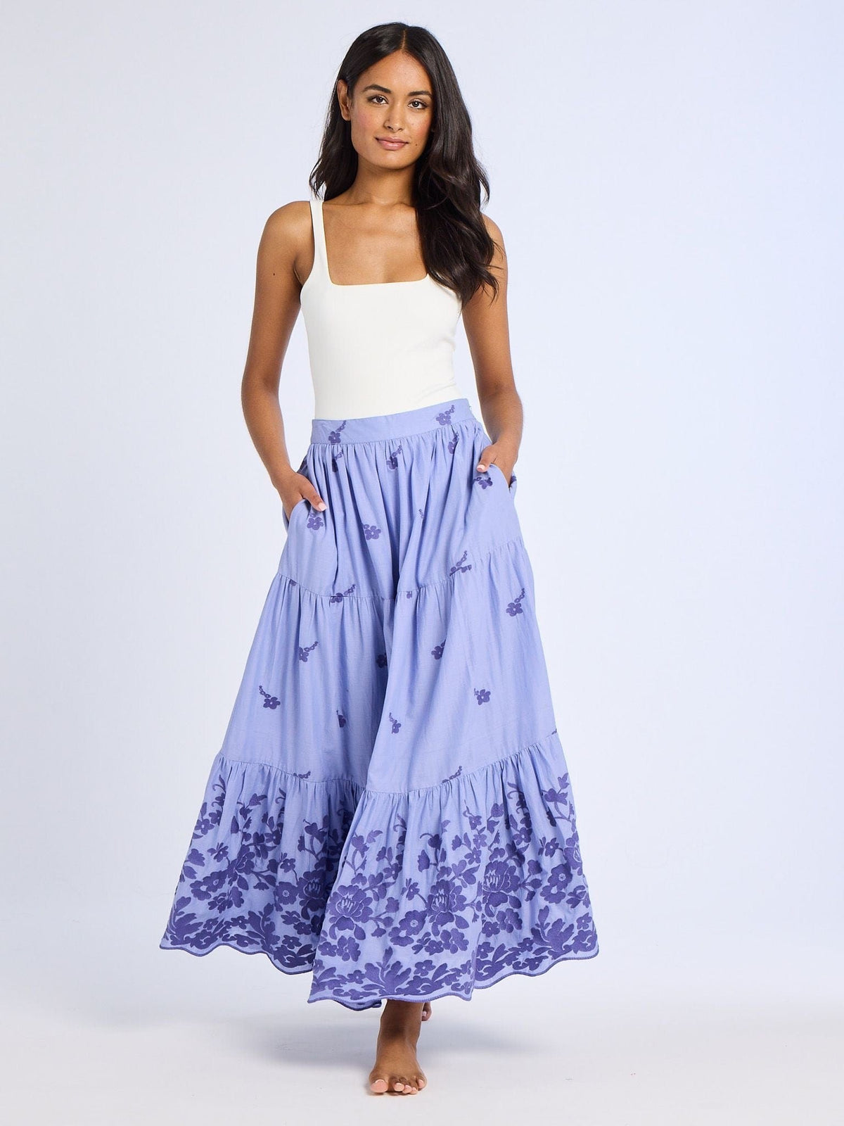 Paola Skirt in Periwinkle Embroidery — The cut