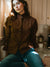 MILLE Phoebe Top in Chocolate – tuxedo ruffle collar blouse, front view