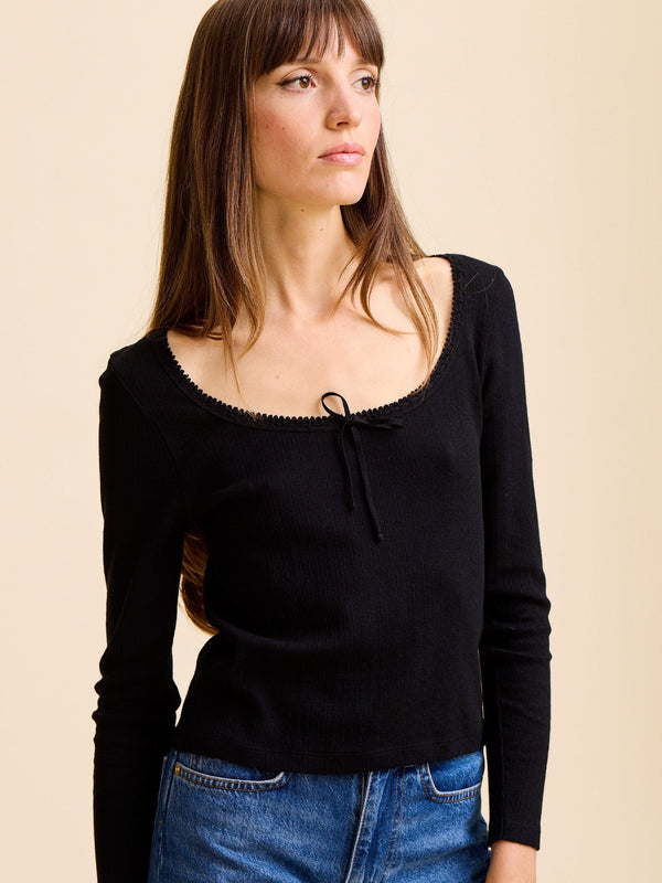 Sally Pointelle Tee in Black — view 7