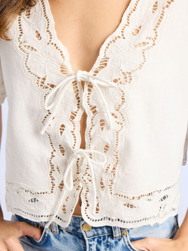Sara Top in White Embroidered Linen — view 4