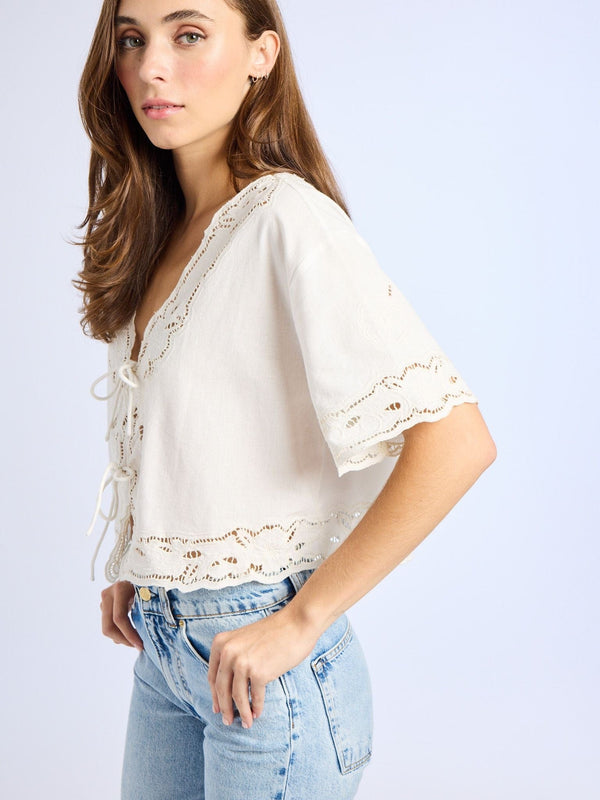 Sara Top in White Embroidered Linen — view 5