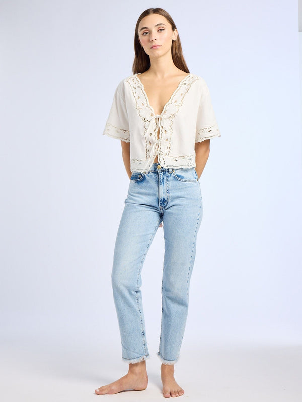 Sara Top in White Embroidered Linen — view 7