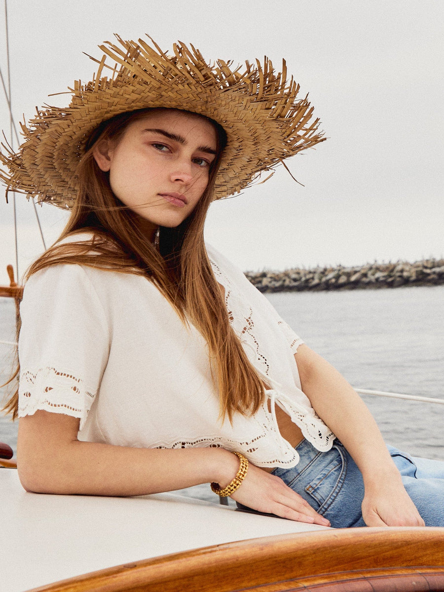 Sara Top in White Embroidered Linen — alternate view