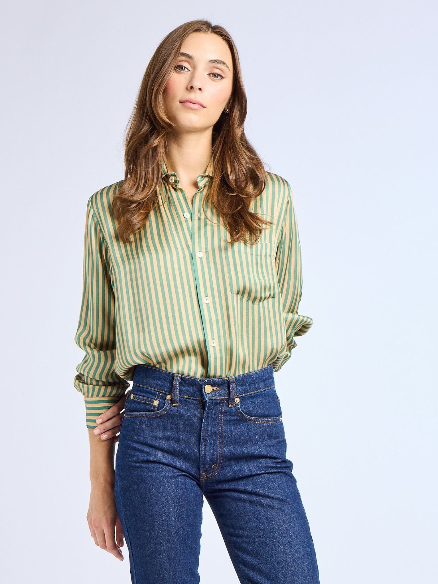 MILLE Clothing Sofia Top in Almond & Green Stripe