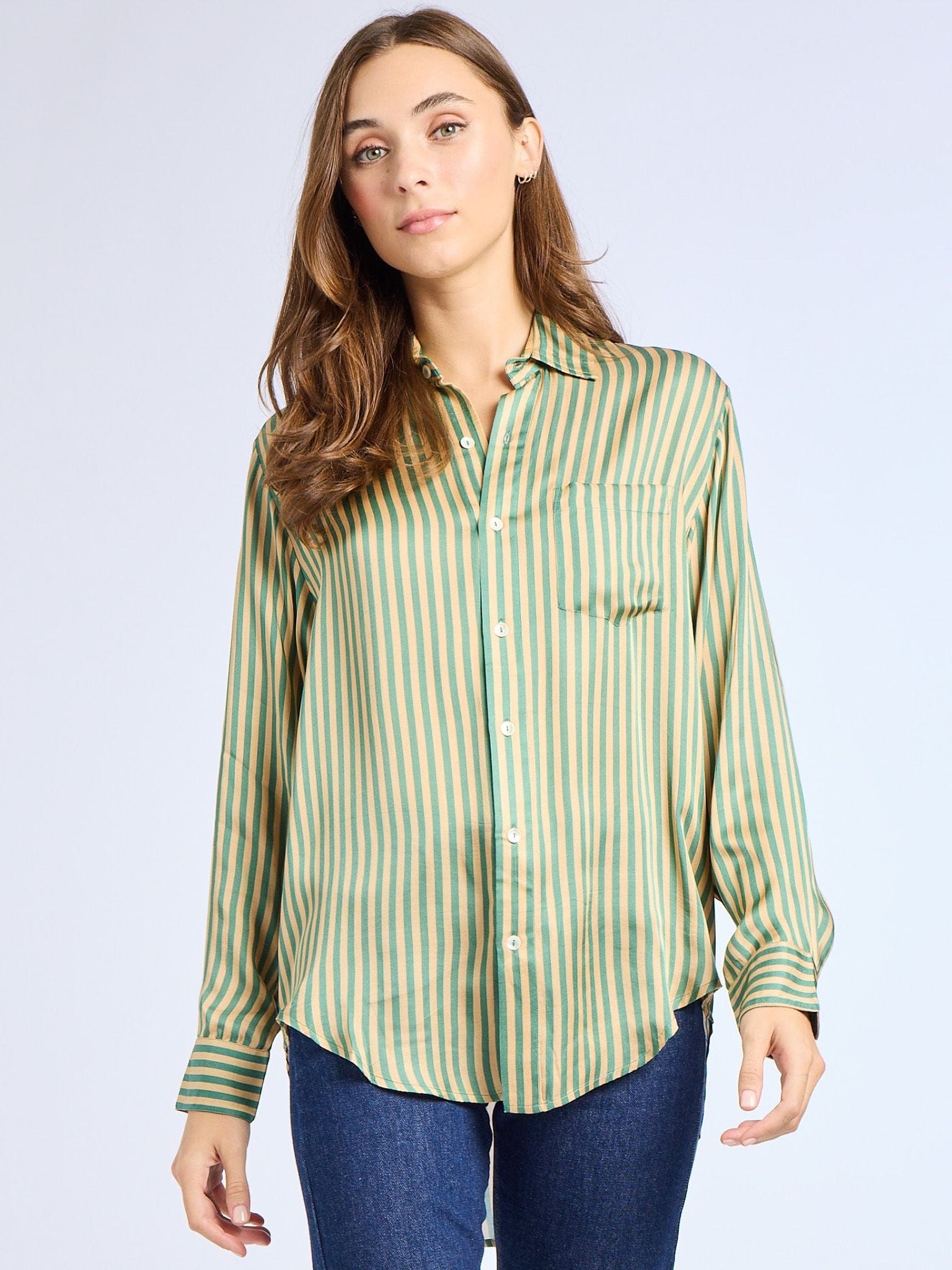 MILLE Clothing Sofia Top in Almond & Green Stripe