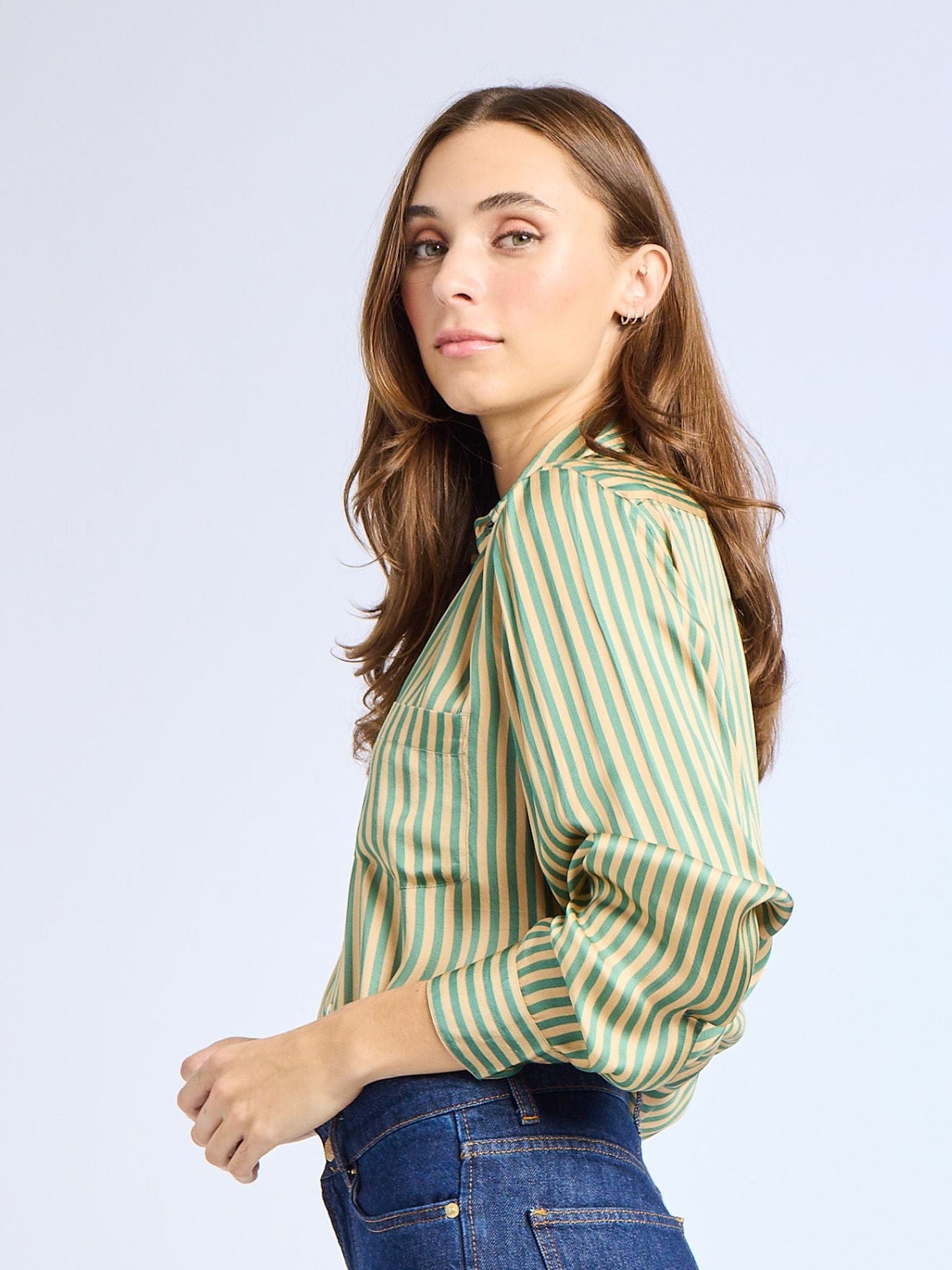 MILLE Clothing Sofia Top in Almond &amp; Green Stripe