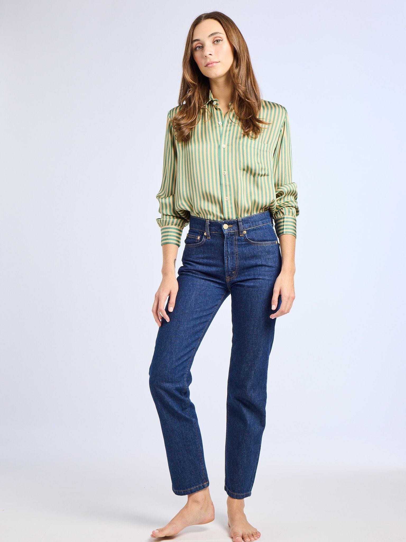 MILLE Clothing Sofia Top in Almond & Green Stripe