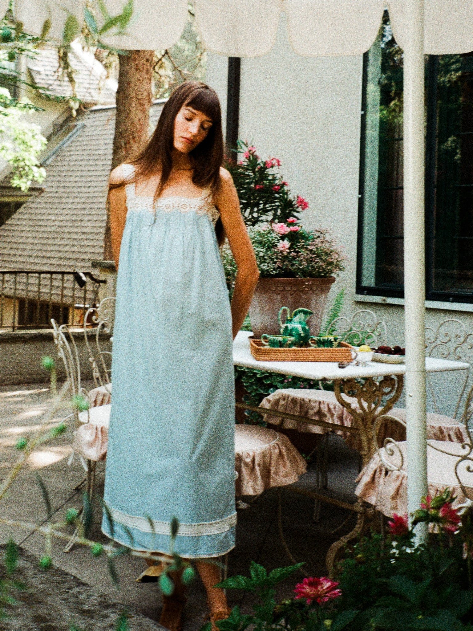 Soleil Dress in Robin's Egg | MILLE – Lace Trim Pintuck Maxi Dress