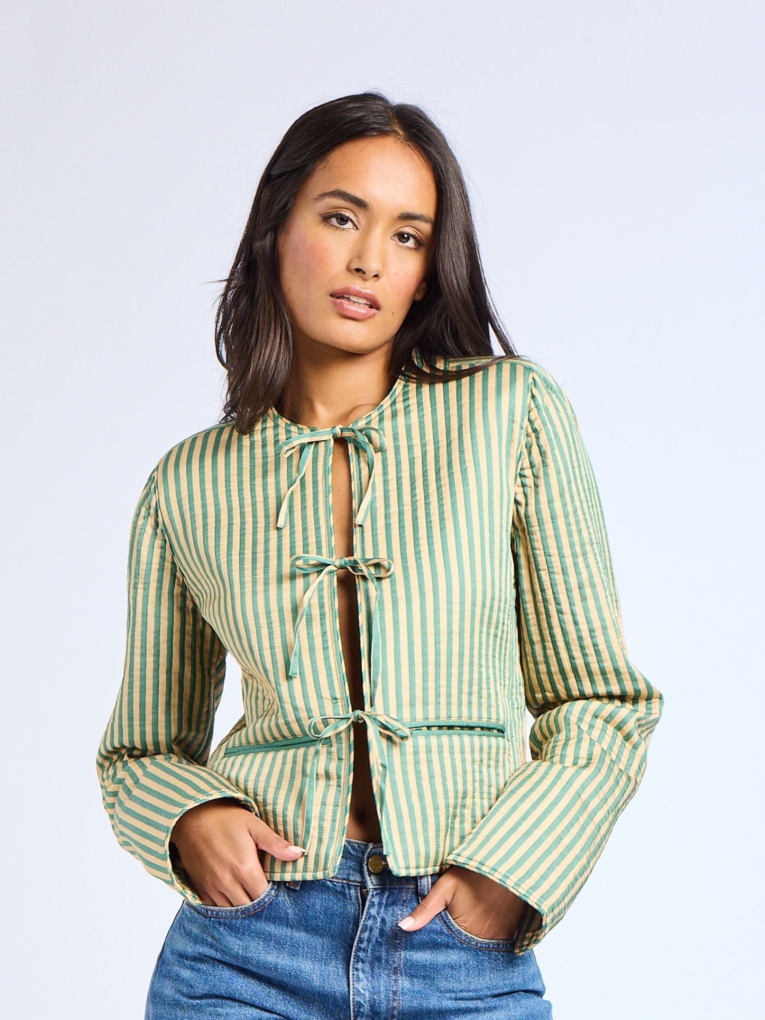 MILLE Clothing Sylvie Jacket in Almond & Green Stripe