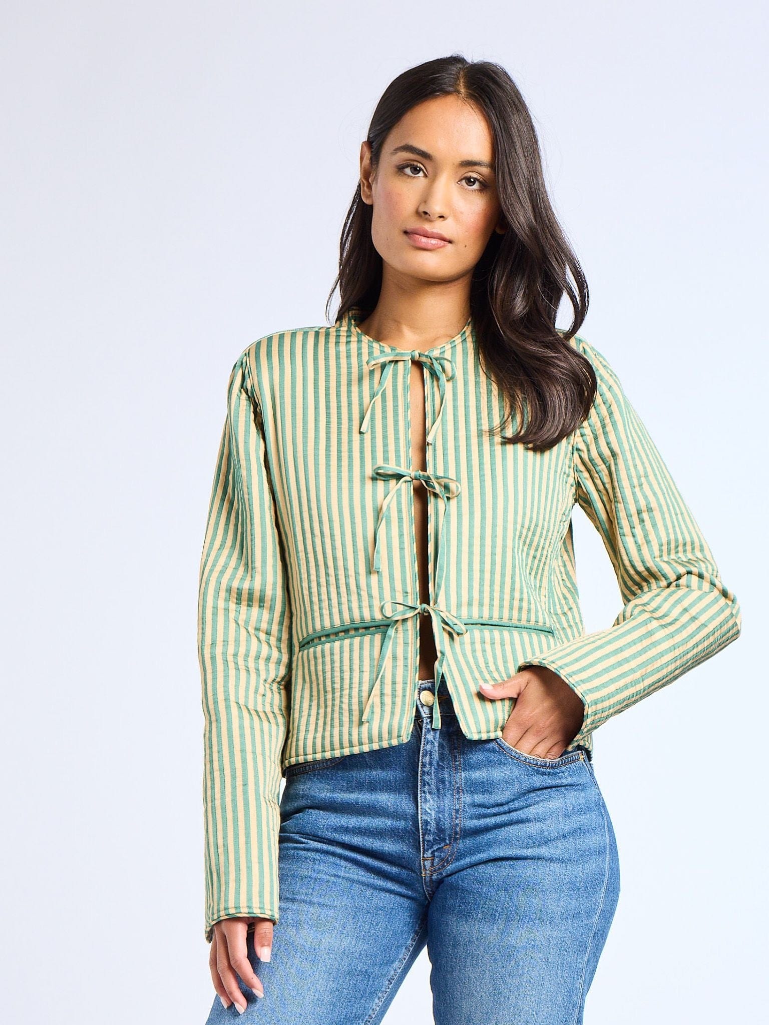 MILLE Clothing Sylvie Jacket in Almond & Green Stripe