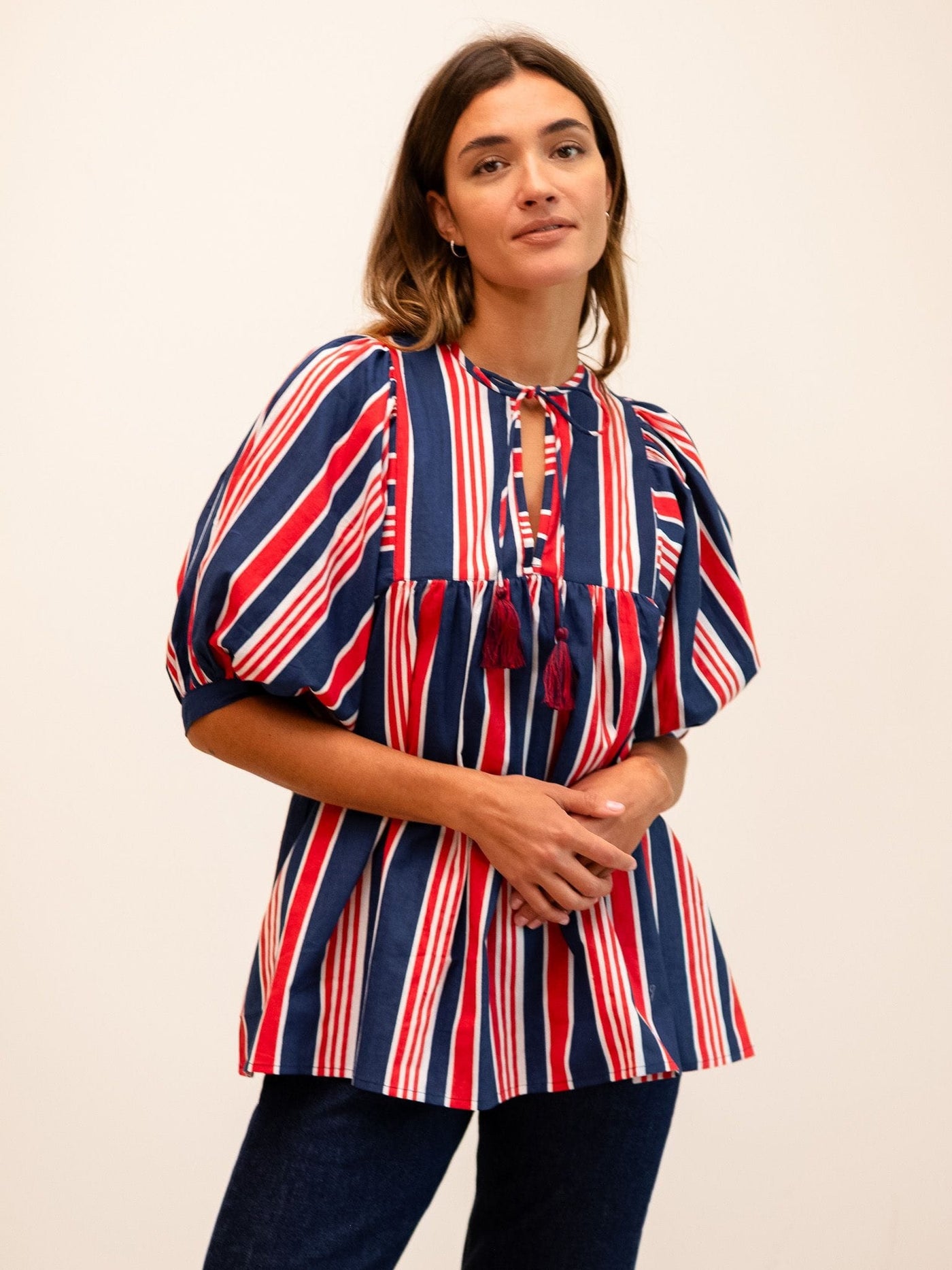 MILLE Thalia Top in Sailing Stripe – billowy tie-neck blouse, front view