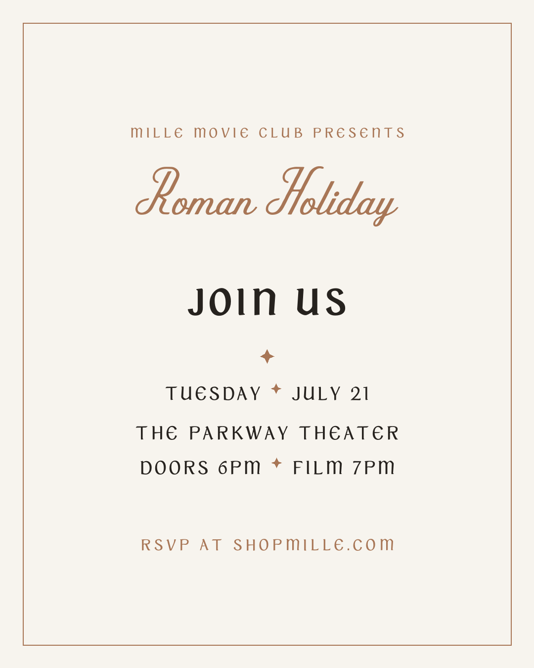 Roman Holiday film night invitation — Mille Movie Club, Minneapolis