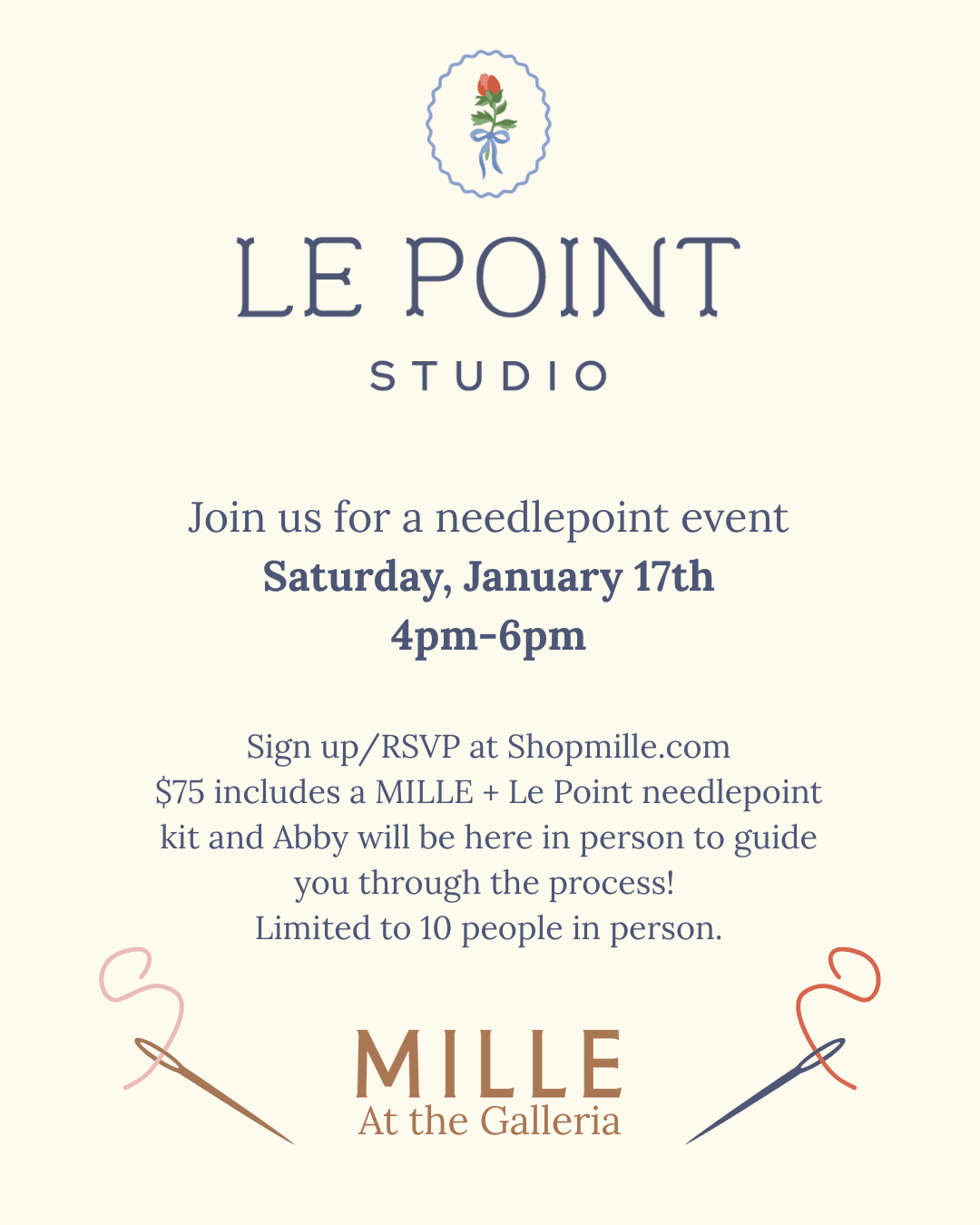 MILLE LE POINT NEEDLEPOINT CLASS - JANUARY 17TH