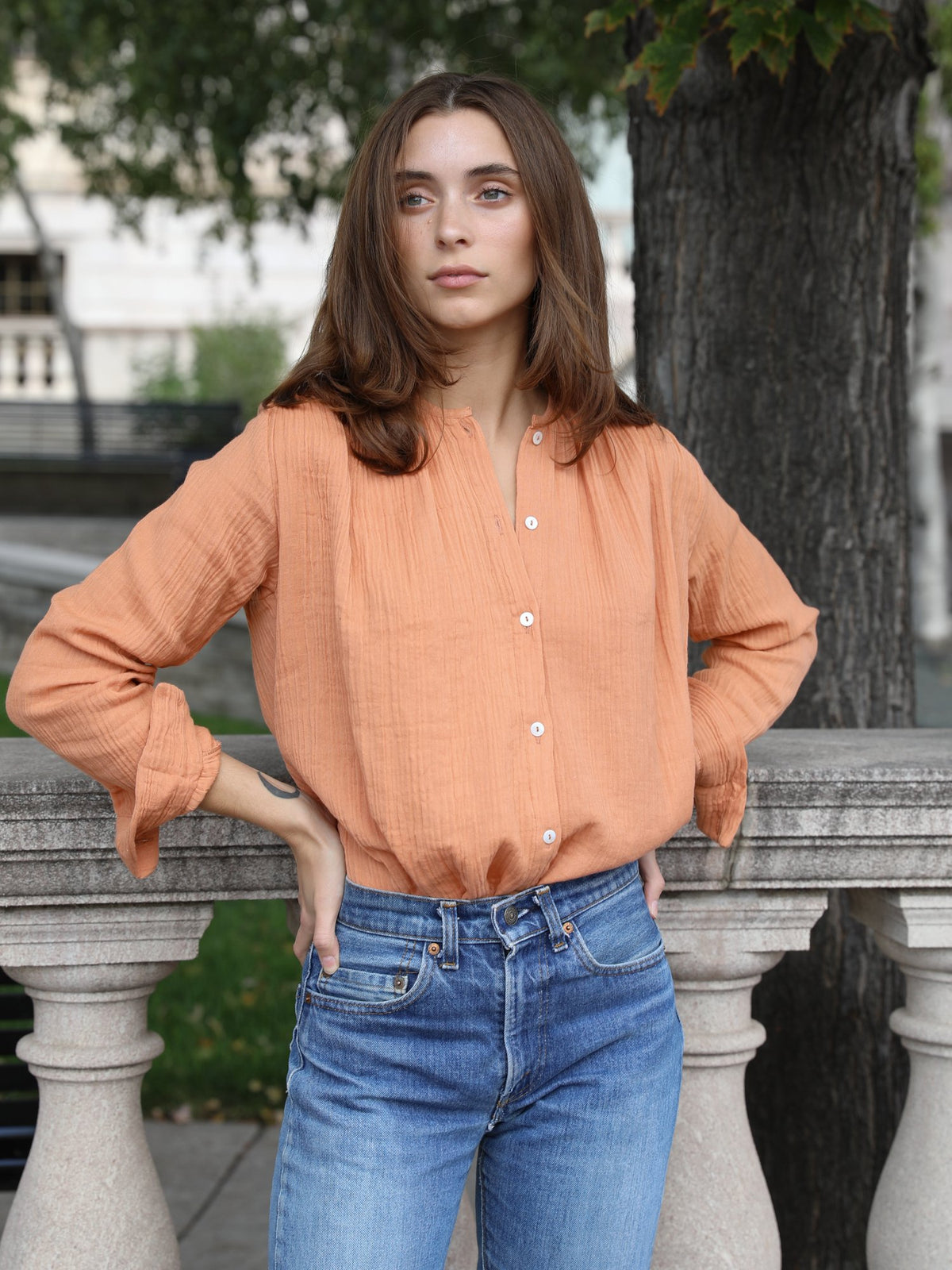 MILLE Clothing Florian Top in Sandstone Double Gauze
