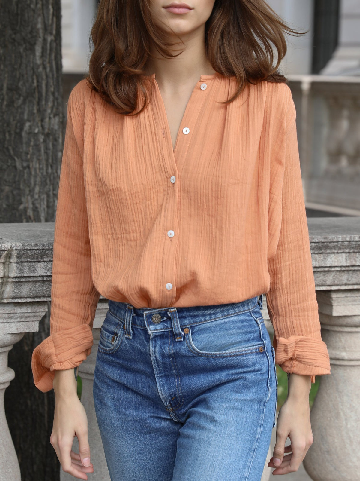 Florian Top in Sandstone Double Gauze — The cloth