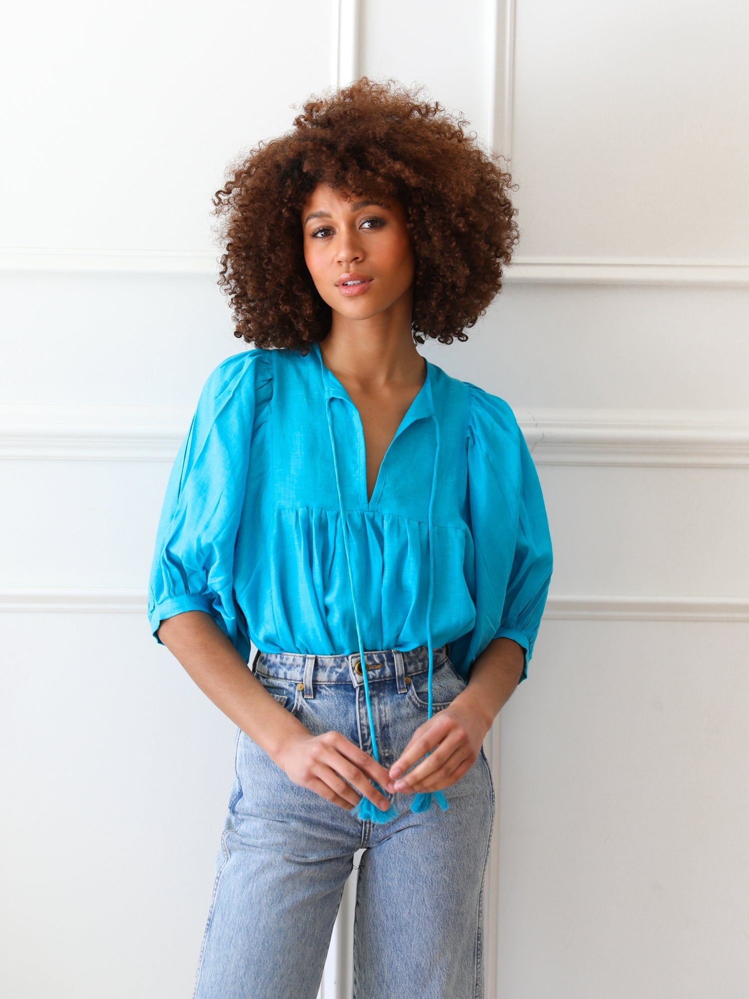 MILLE Clothing Thalia Top in Aqua Linen