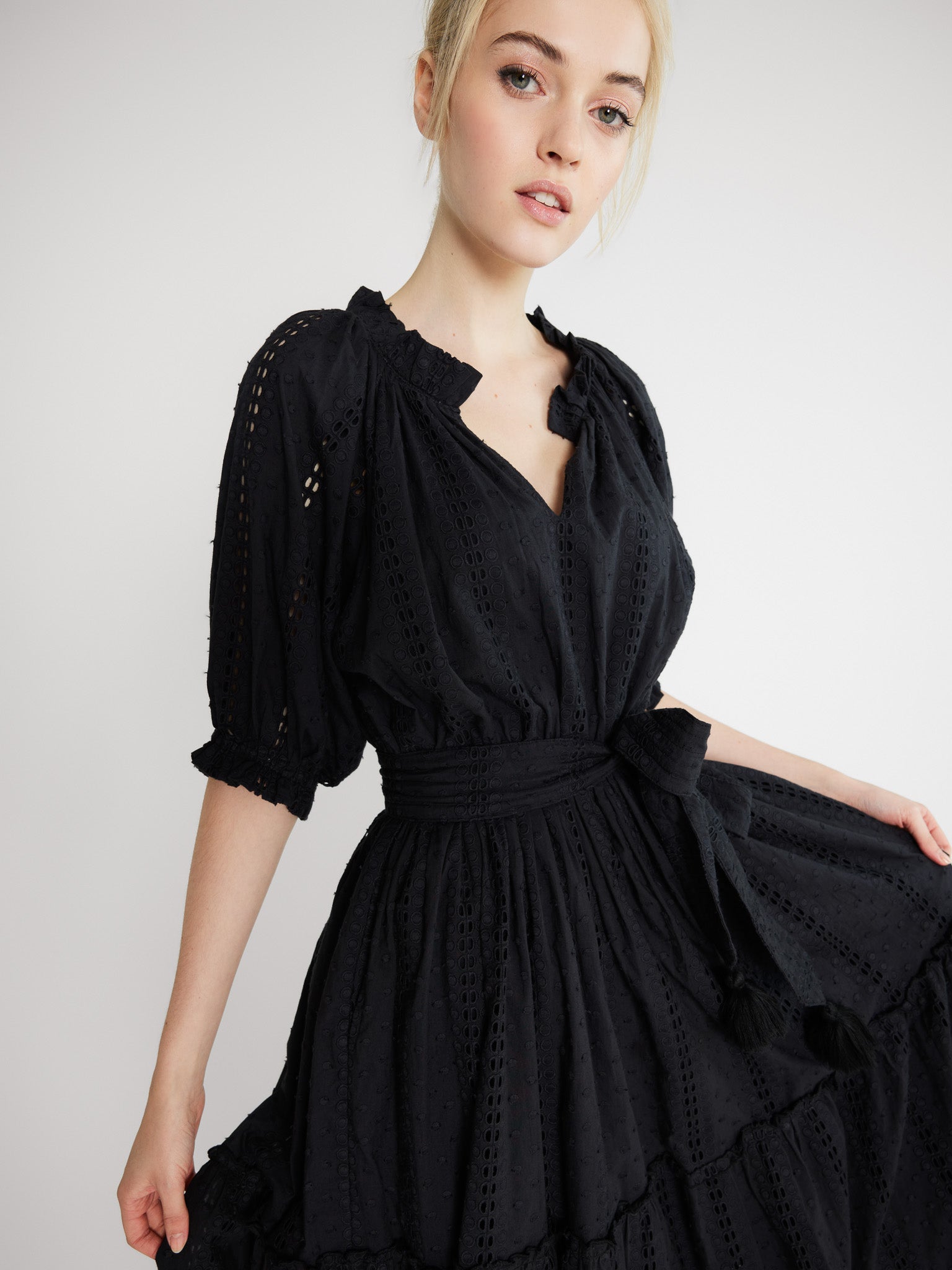 Belted Short Sleeve V-Neck Dress - Black - Kiki